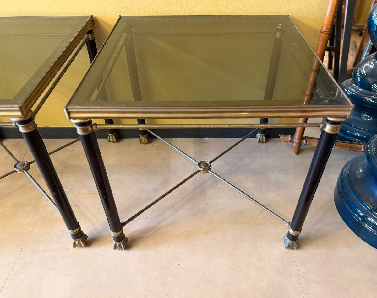Pair Of Coffee Tables In Black-lacquered Metal And Brass, With Smoked Glass Tops — 20th Century-photo-4