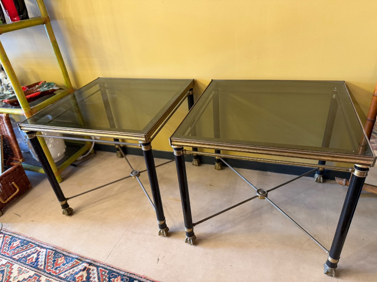 Pair Of Coffee Tables In Black-lacquered Metal And Brass, With Smoked Glass Tops — 20th Century-photo-1