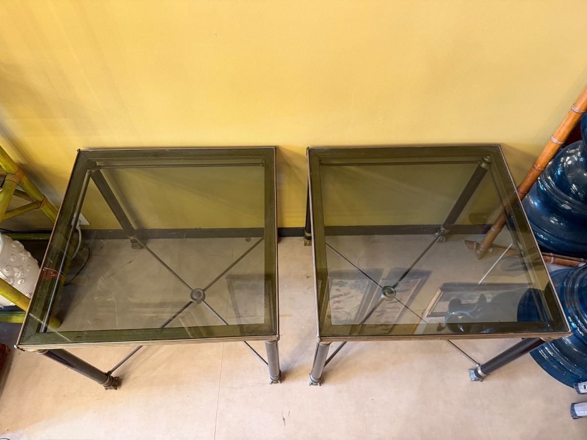 Pair Of Coffee Tables In Black-lacquered Metal And Brass, With Smoked Glass Tops — 20th Century-photo-2