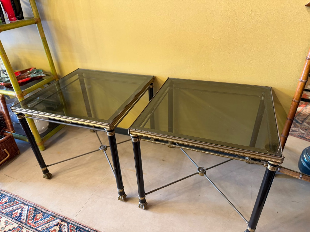 Pair Of Coffee Tables In Black-lacquered Metal And Brass, With Smoked Glass Tops — 20th Century-photo-3