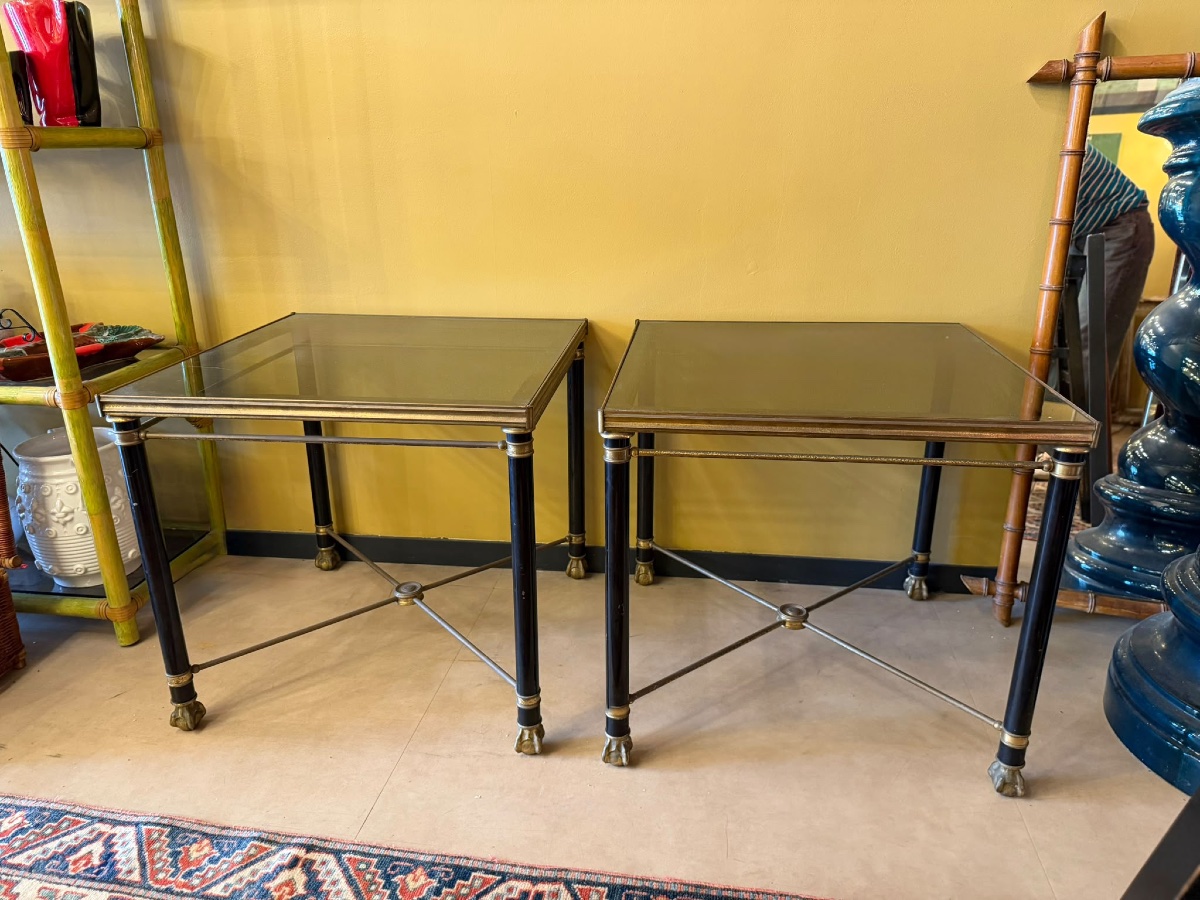 Pair Of Coffee Tables In Black-lacquered Metal And Brass, With Smoked Glass Tops — 20th Century