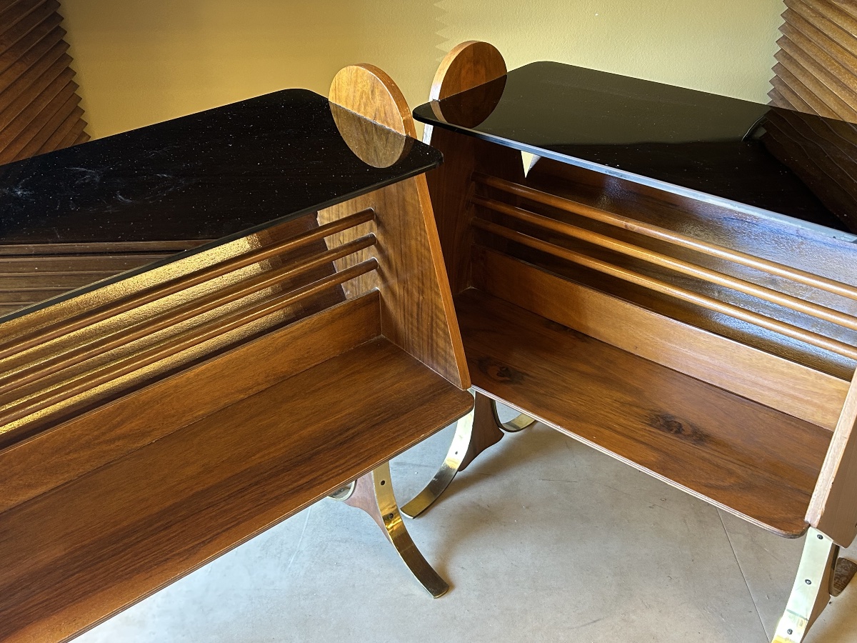 Pair Of Bedside Tables Made Of Wood, Brass, And Tinted Glass — Italy, 1950s–1960s-photo-3