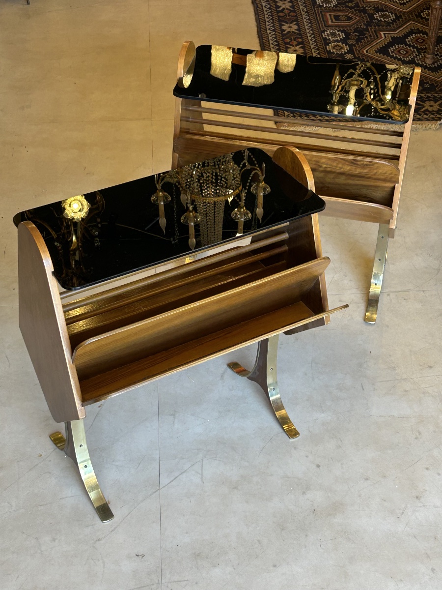 Pair Of Bedside Tables Made Of Wood, Brass, And Tinted Glass — Italy, 1950s–1960s