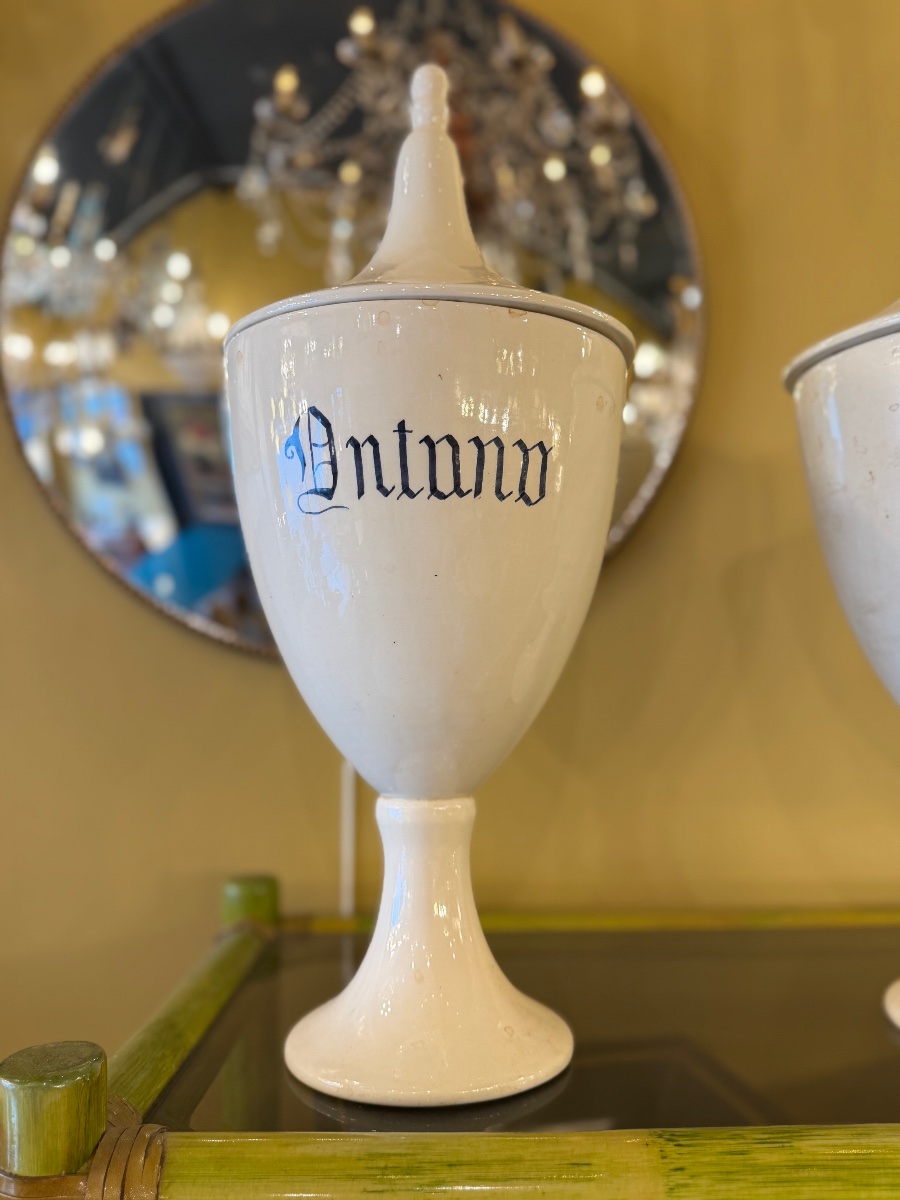 Série de six vases apothicaires en céramique blanche, Italie, XIXe siècle-photo-3
