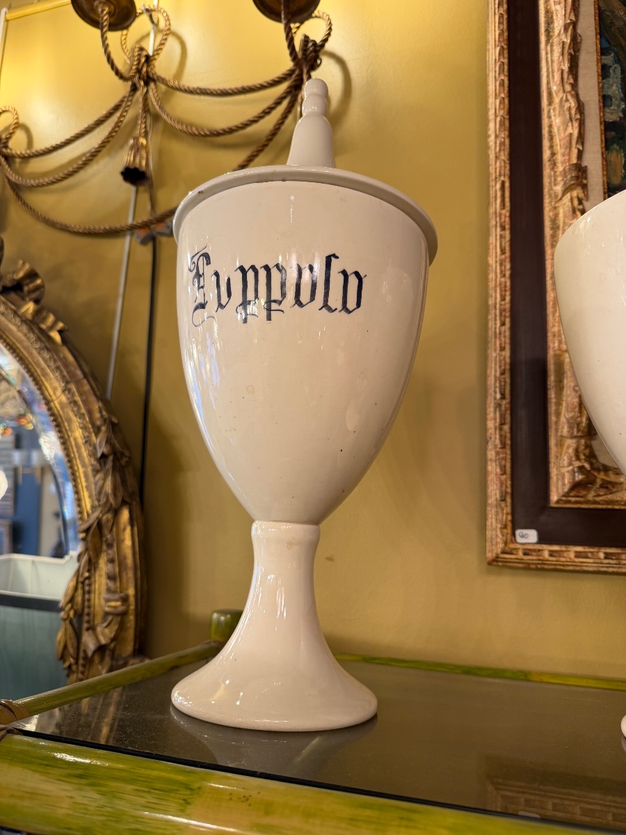 Série de six vases apothicaires en céramique blanche, Italie, XIXe siècle-photo-7