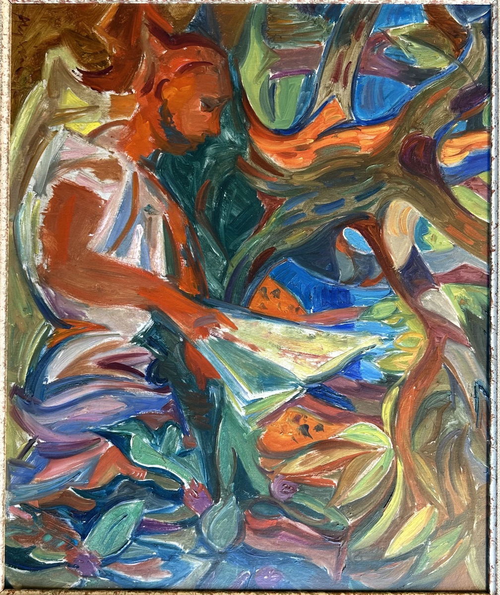 Male Figure Reading, Oil On Canvas — Jean Aujame, 20th Century-photo-2
