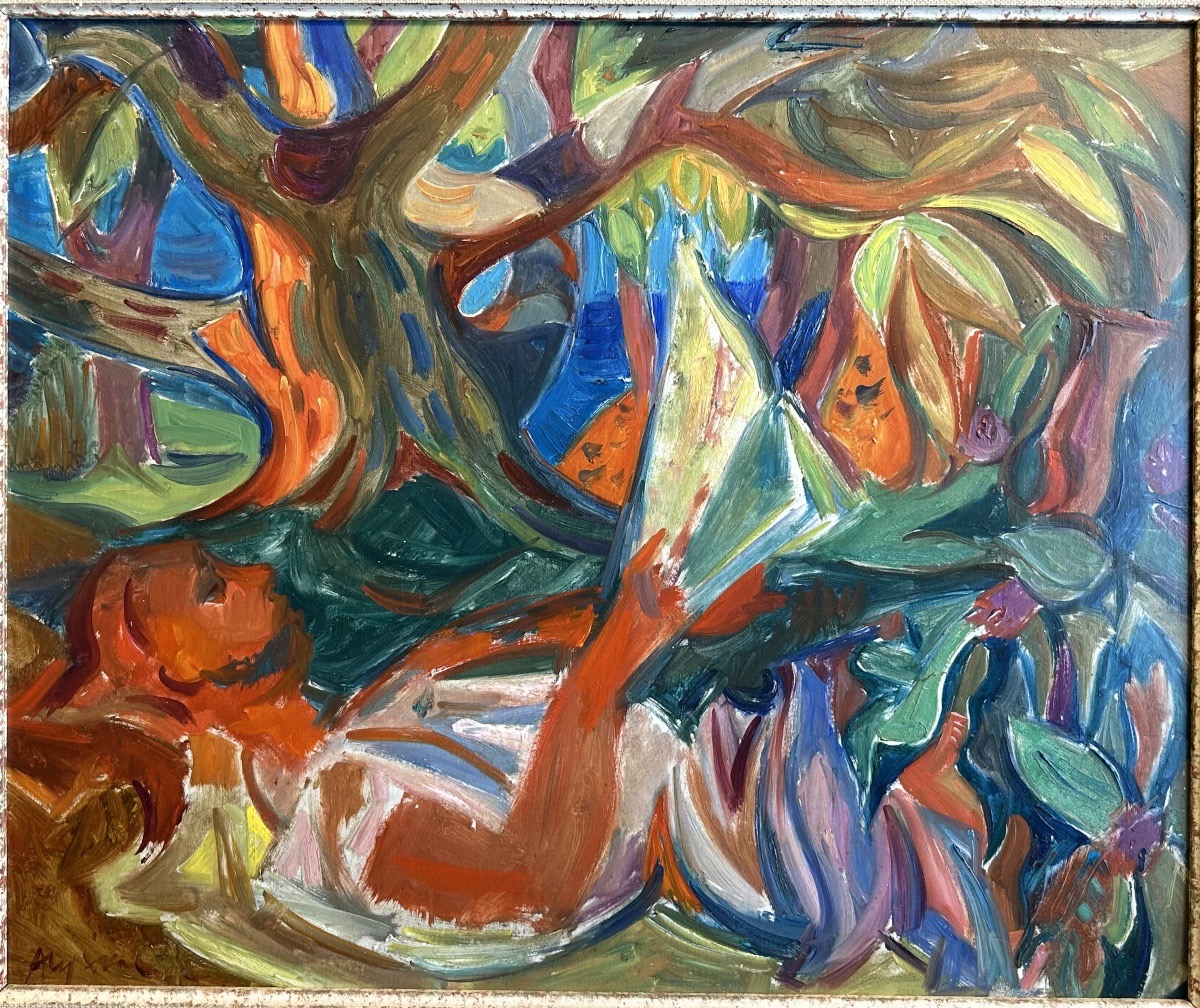 Figure masculine lisant, huile sur toile — Jean Aujame, XXe siècle-photo-2
