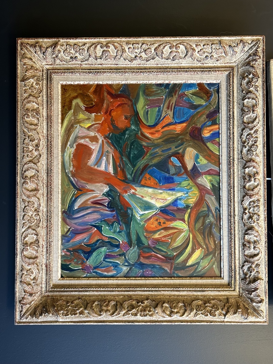 Male Figure Reading, Oil On Canvas — Jean Aujame, 20th Century