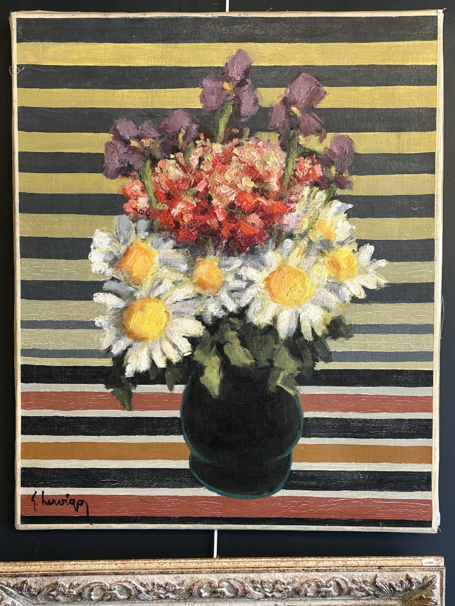 Gustave HERVIGO (1896-1993), Bouquet de fleurs sur fond rayé, XXe