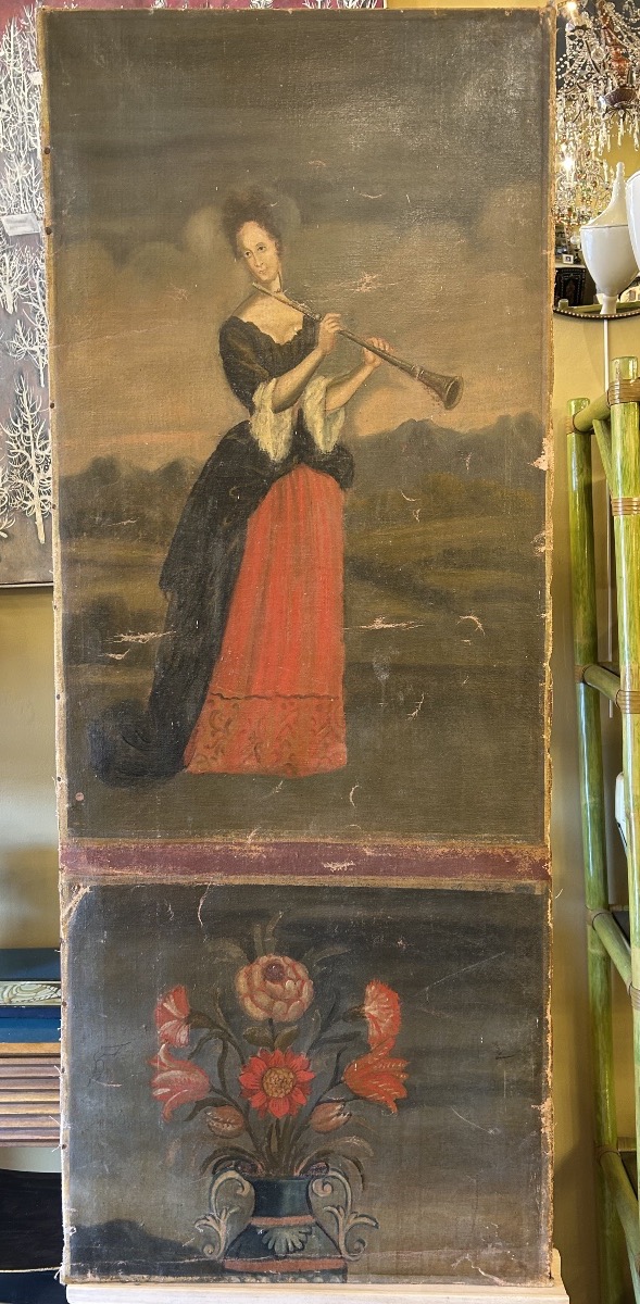 Panneau à décor de "musicienne" et vase fleuri, style populaire, XIXe
