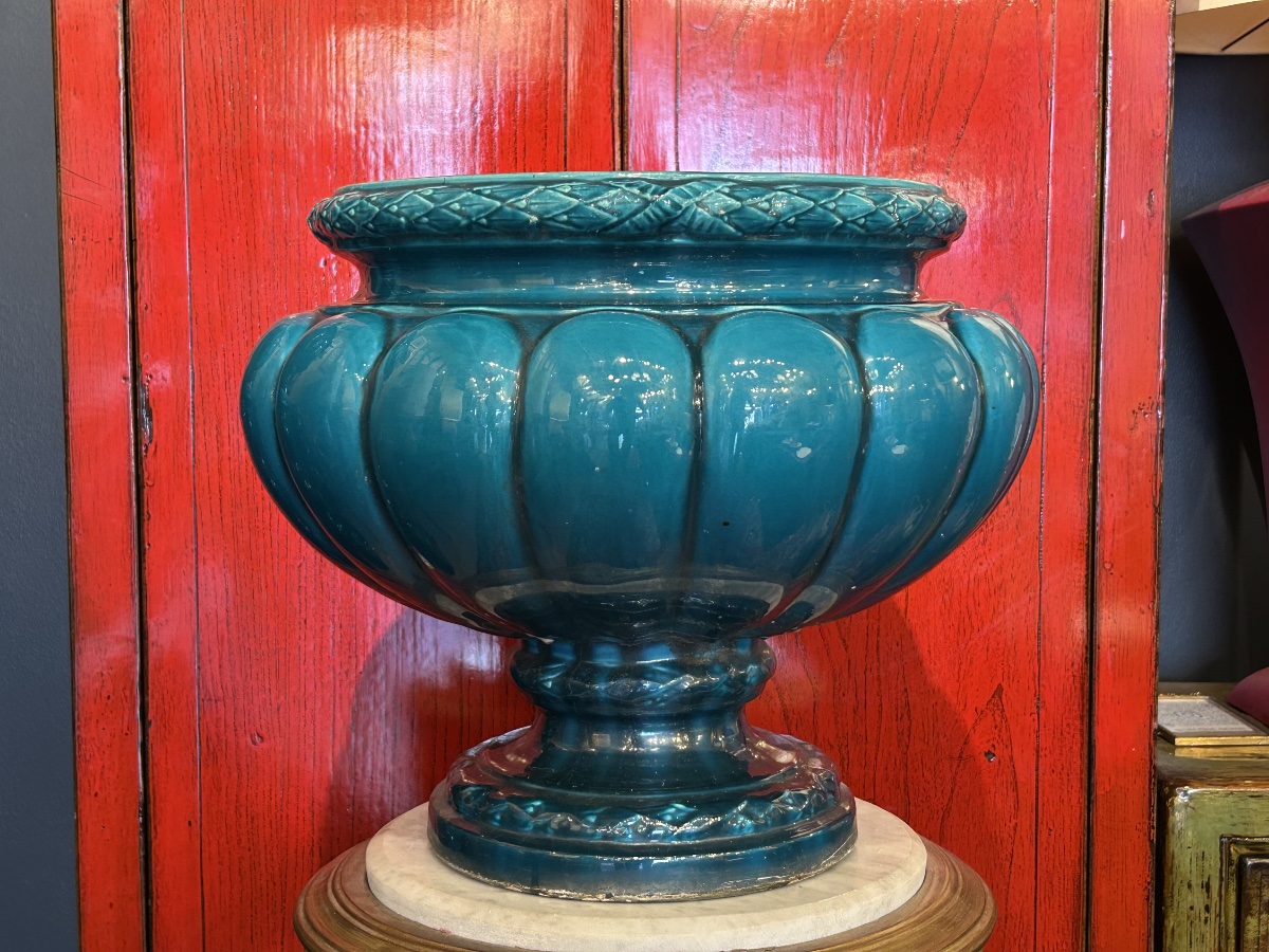 Cache-pot sur colonne et cache-pot en fonte émaillée turquoise, XXe-photo-1