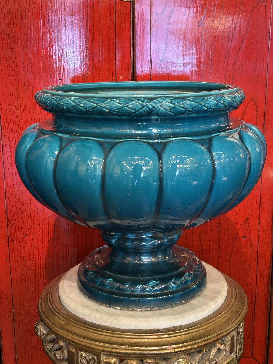 Cache-pot sur colonne et cache-pot en fonte émaillée turquoise, XXe-photo-2