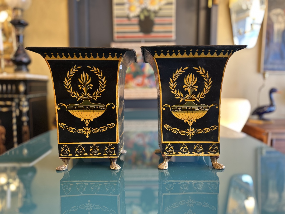 Pair Of Lacquered Sheet Metal Planters, Empire Style-photo-4