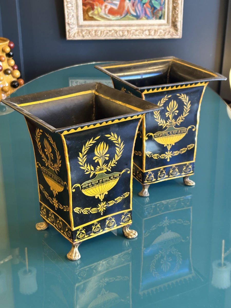 Pair Of Lacquered Sheet Metal Planters, Empire Style