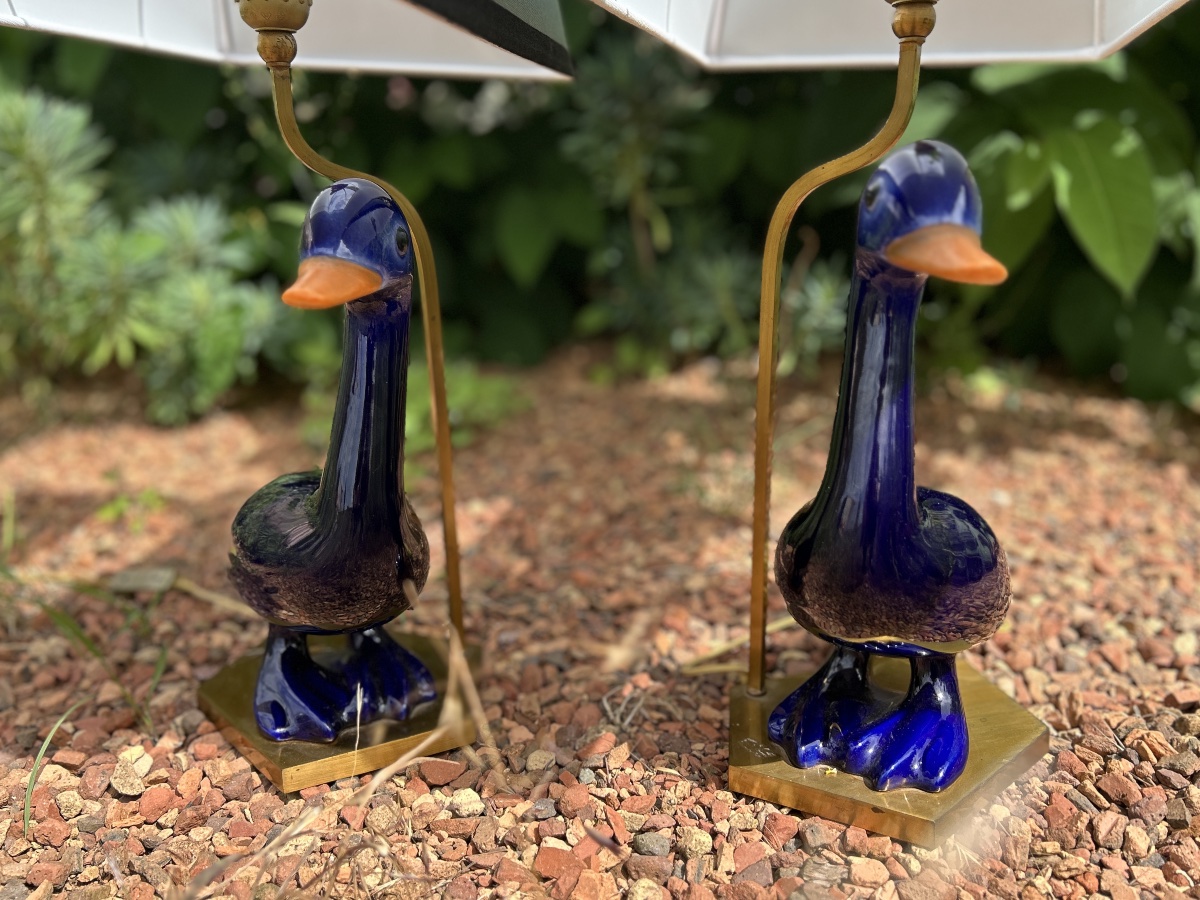 Paire de lampes en forme de canard, céramique bleu cobalt, XXe siècle -photo-3