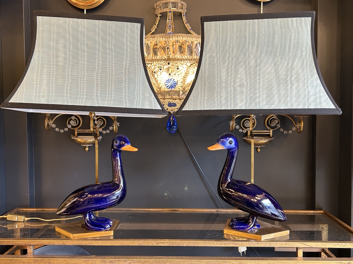 Paire de lampes en forme de canard, céramique bleu cobalt, XXe siècle -photo-2