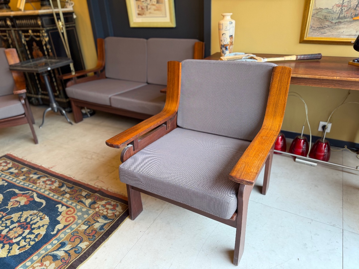 Curved-wood Living Room Set With An Openwork Backrest, Consisting Of A Sofa And Two Armchairs, Designed In The 1960s–1970s-photo-4