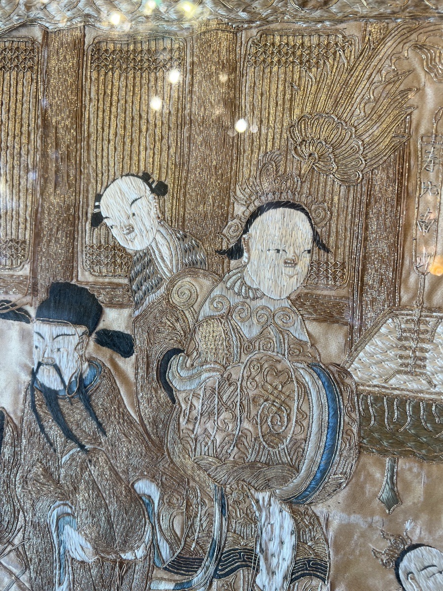Silk Panel Embroidered With Gold Thread, Chinoiserie, China, Late 19th–early 20th Century-photo-2