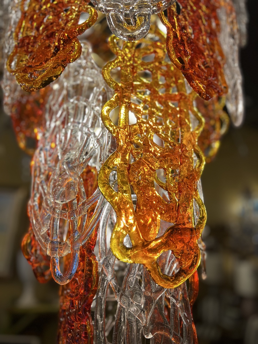 Lustre "sucre filé" en verre de Murano, orange et cristal,ХХе-photo-3