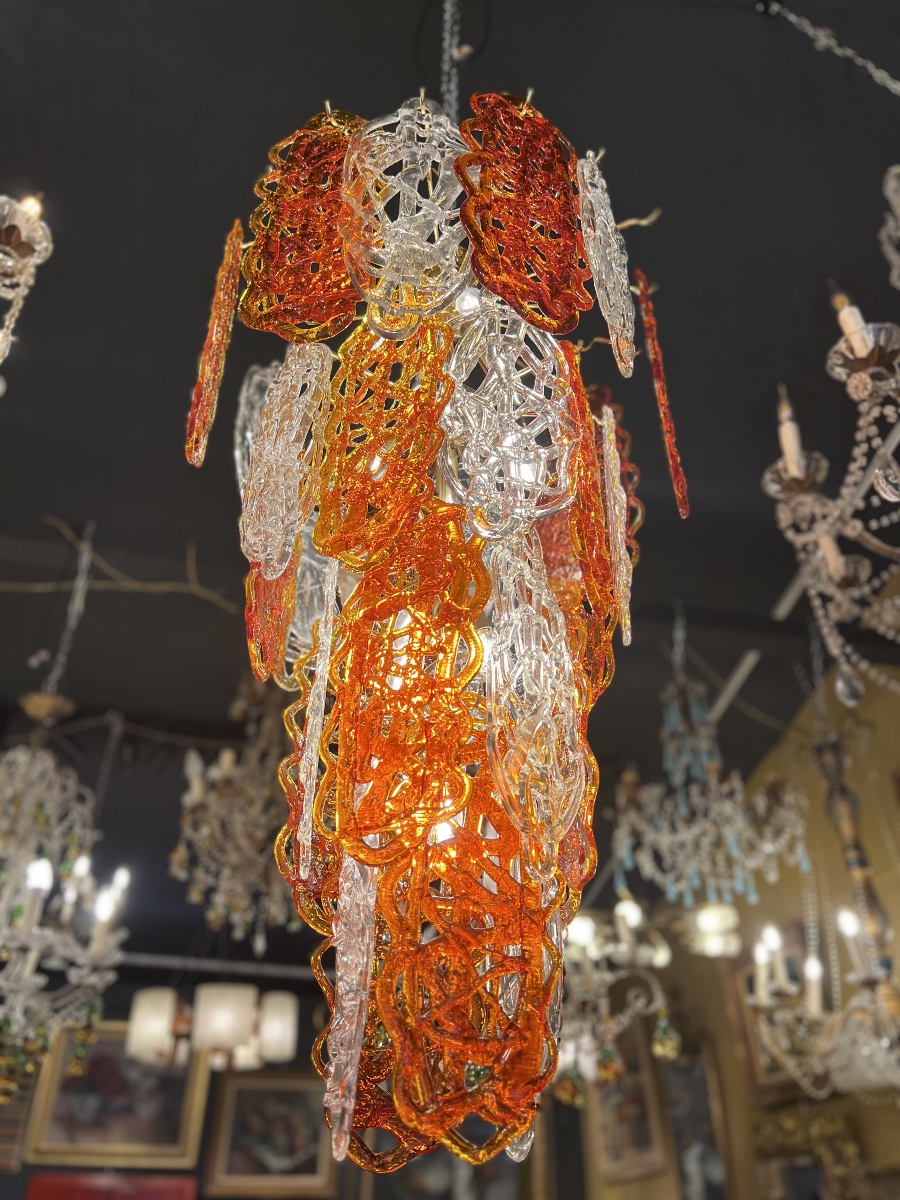 Lustre "sucre filé" en verre de Murano, orange et cristal,ХХе-photo-4