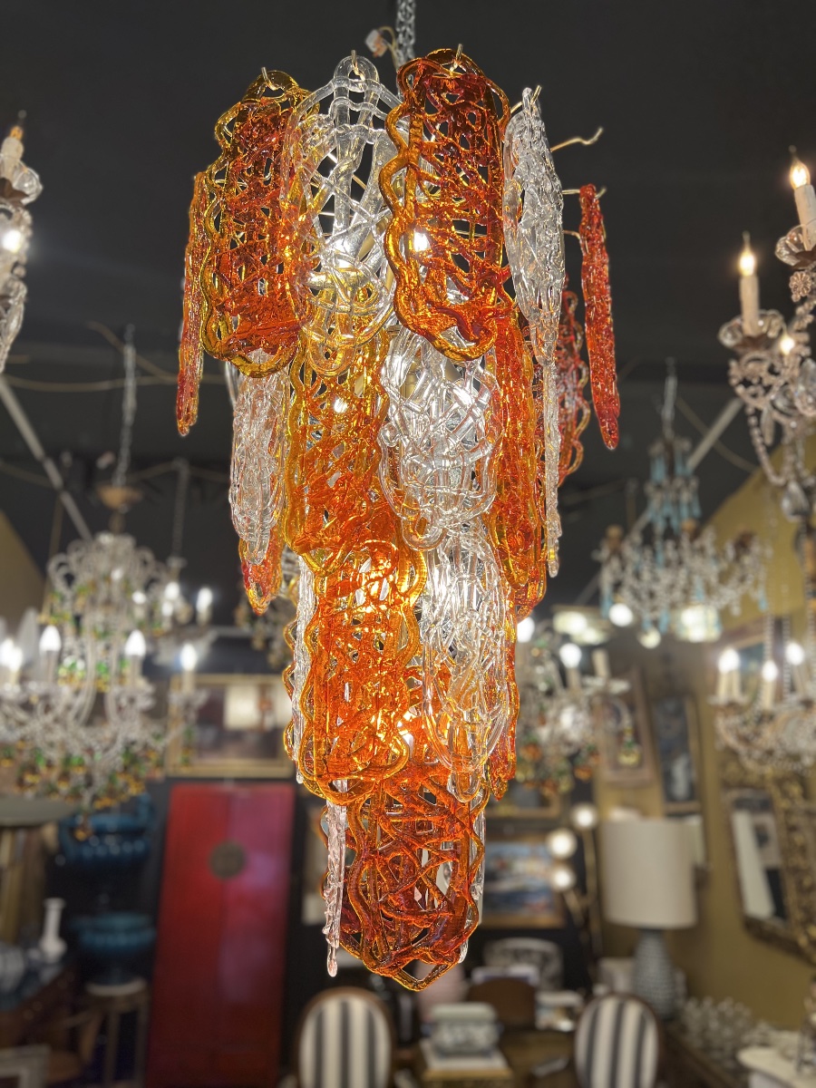 Lustre "sucre filé" en verre de Murano, orange et cristal,ХХе