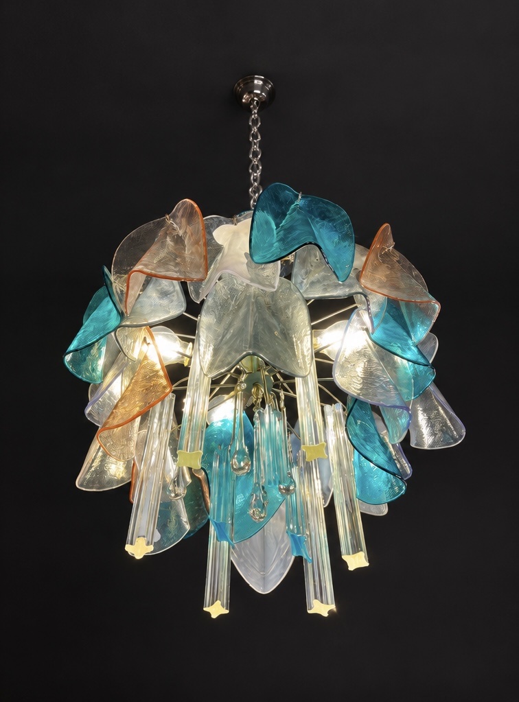 Murano Glass Chandelier With Petal-shaped Shades, In Turquoise Blue, Opal, And Crystal-photo-2