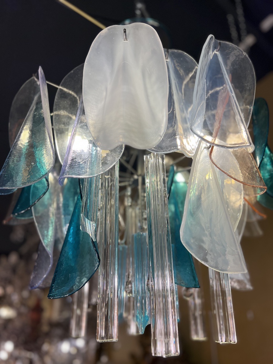 Murano Glass Chandelier With Petal-shaped Shades, In Turquoise Blue, Opal, And Crystal-photo-3