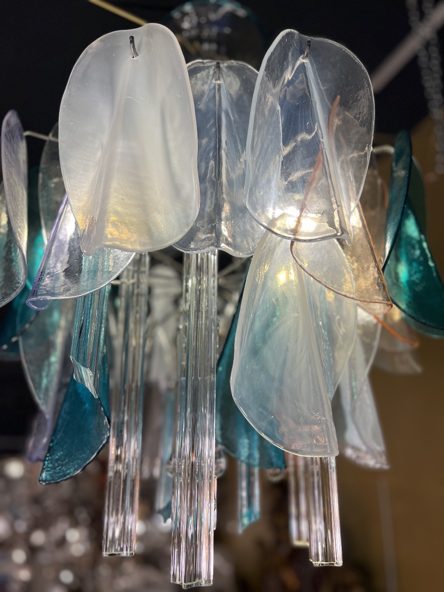 Murano Glass Chandelier With Petal-shaped Shades, In Turquoise Blue, Opal, And Crystal-photo-4