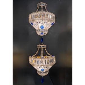 Paire d’appliques en cristal taillé et verre bleu cobalt, style Empire — XXe siècle