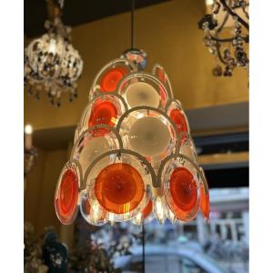 Lustre en verre de Murano orange et blanc — Italie, années 1970