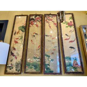 Suite de quatre panneaux peints, encre et pigments sur papier — Chine, XXe siècle