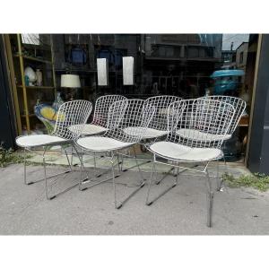 Set Of 6 Bertoia-style Chairs In Chrome-plated Metal With Cushions, 20th Century — Reproduction