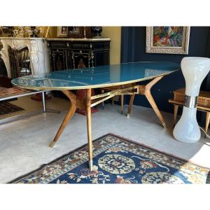 Oval Table With A Blue Lacquered Glass Top, Wooden And Brass Base — Italy, 1960s