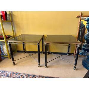 Pair Of Coffee Tables In Black-lacquered Metal And Brass, With Smoked Glass Tops — 20th Century