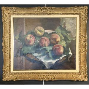 Still Life With Peaches, Oil On Canvas — Jean Picart Le Doux, 20th Century