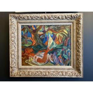 Figure masculine lisant, huile sur toile — Jean Aujame, XXe siècle