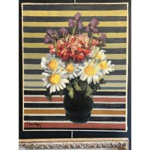 Gustave HERVIGO (1896-1993), Bouquet de fleurs sur fond rayé, XXe