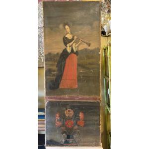 Panneau à décor de "musicienne" et vase fleuri, style populaire, XIXe
