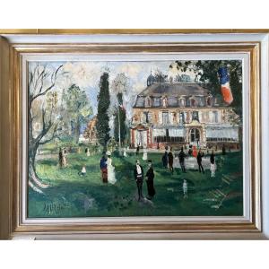 Gabriel DAUCHOT (1927-2005), Garden party au château de Beaufresn, huile sur toile