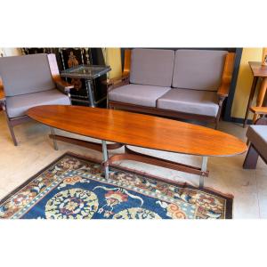 Table basse surfboard, teck et métal, design des années 1960
