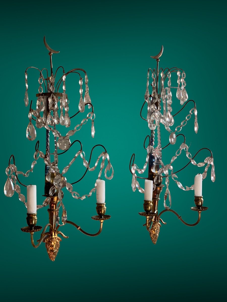 Pair Of Gustavian Sconces, Crystal And  Bronze, Sweden XIXth Century-photo-2