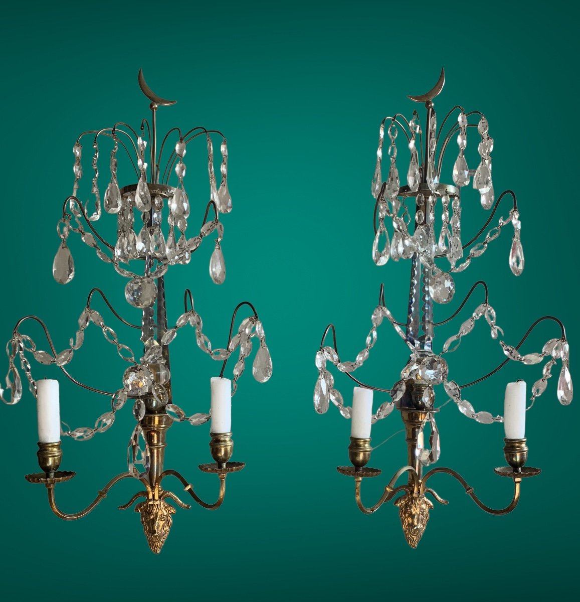 Pair Of Gustavian Sconces, Crystal And  Bronze, Sweden XIXth Century