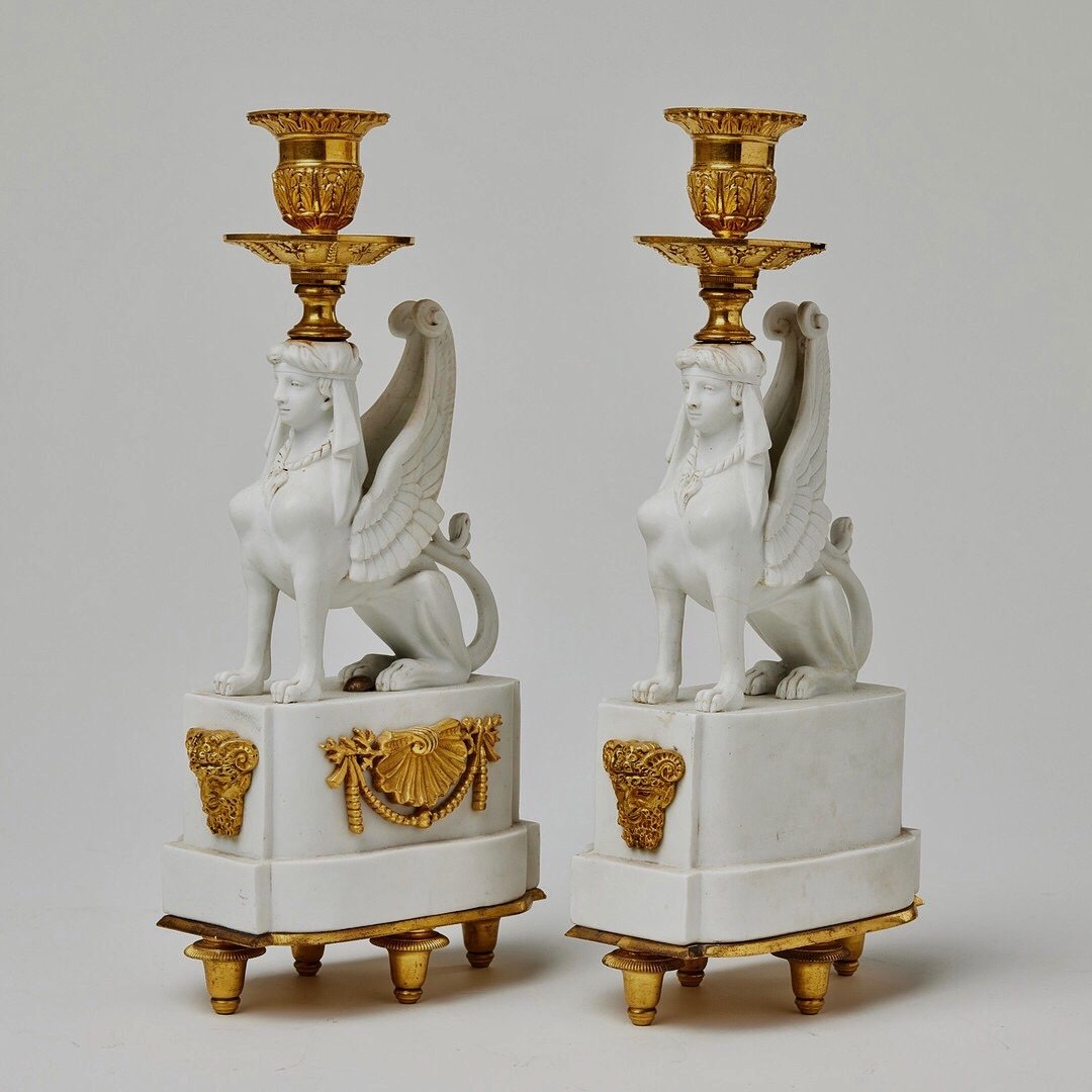 A Pair Of Bicuit  And Gilt Bronze Sphynxes Candelsticks , Variant Of A Model Attr To Nast -photo-2