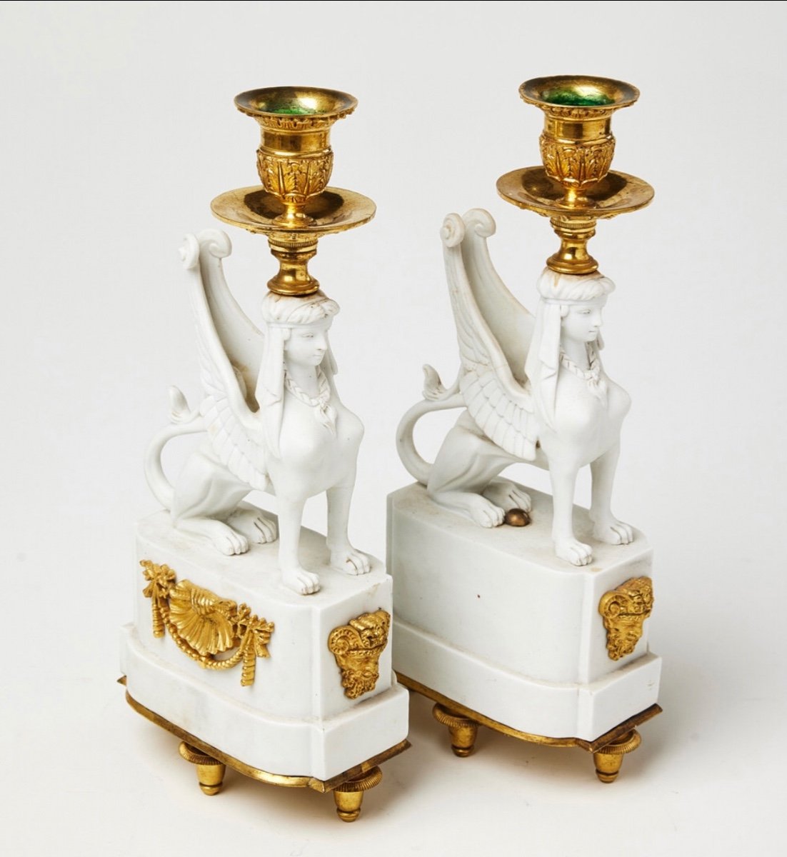 A Pair Of Bicuit  And Gilt Bronze Sphynxes Candelsticks , Variant Of A Model Attr To Nast -photo-3