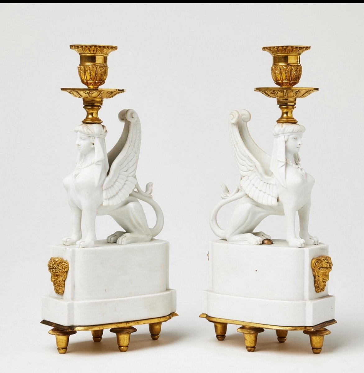 A Pair Of Bicuit  And Gilt Bronze Sphynxes Candelsticks , Variant Of A Model Attr To Nast -photo-4