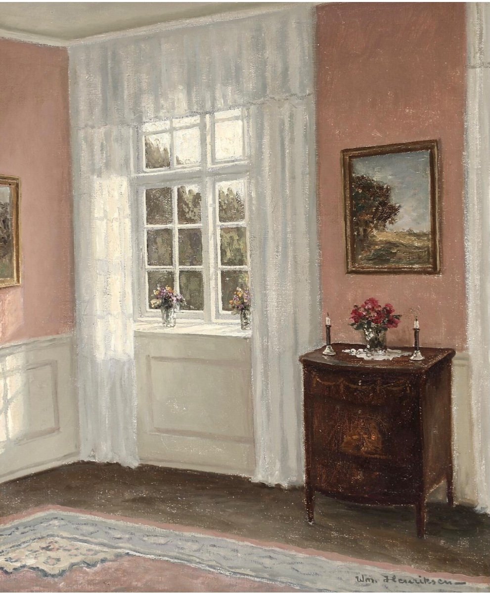 Lumière de la Fenêtre dans un Intérieur Rose , Huile  sur toile , Signé Wm. Henriksen , Ec. Danoise la 
