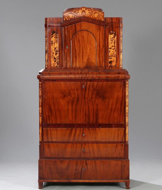 Architectural Secretair, Mahogany And Birch, Balticum, Early 19th Cent. 