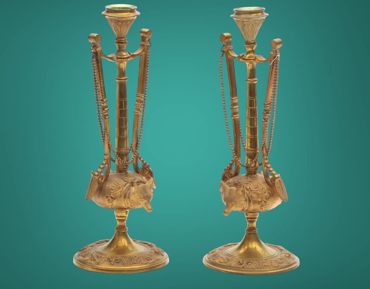 Pair Of Fox Candlesticks, Bronze, Greek Antique Style.