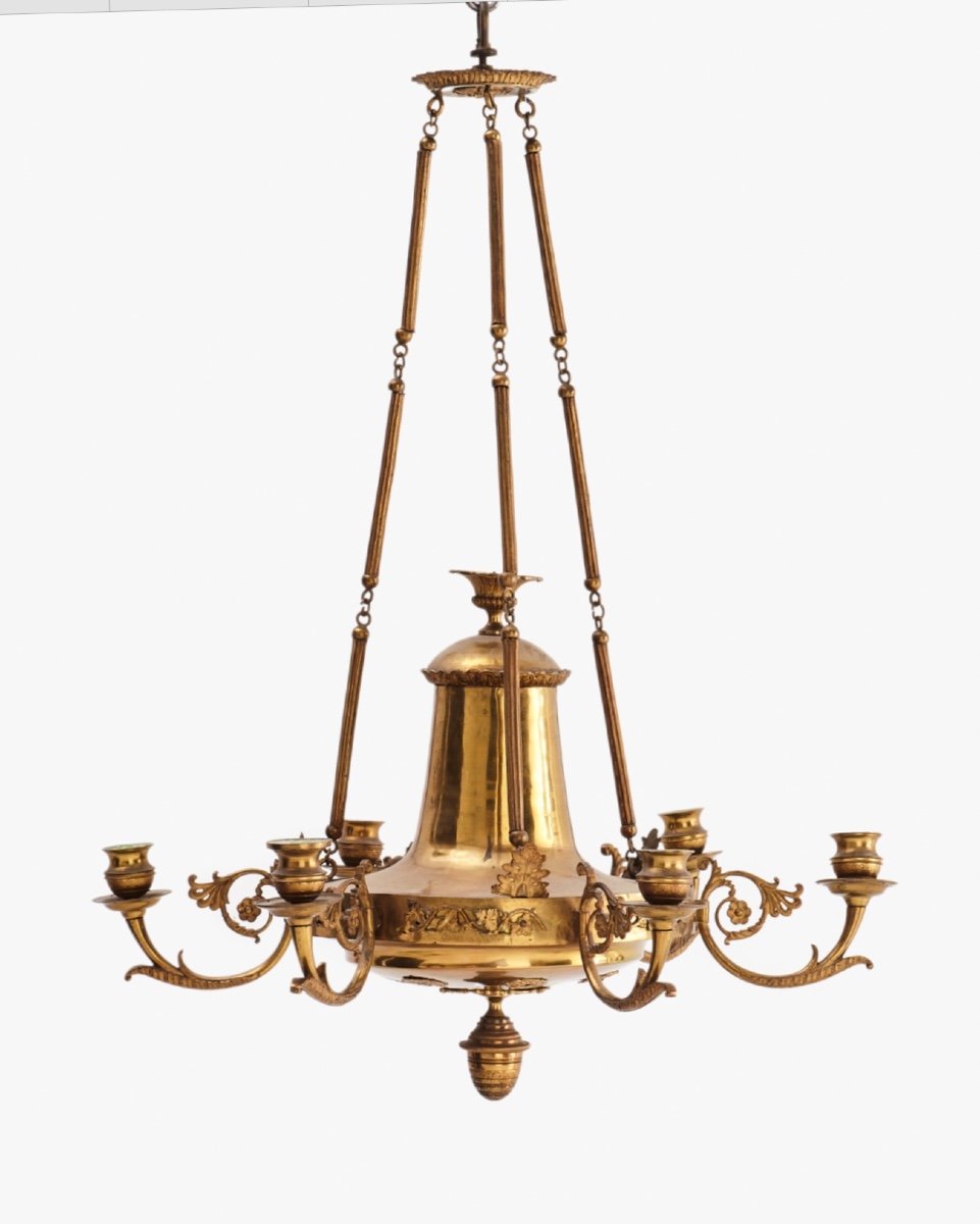Lustre Empire Bronze Doré à Motifs de Pampres, 6 Lumières, Suède Début XIXeme -photo-2