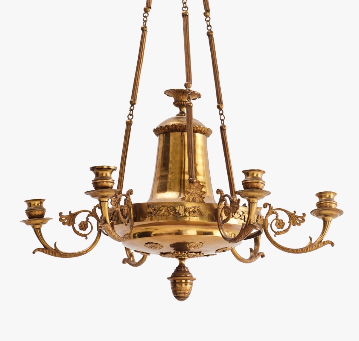 Lustre Empire Bronze Doré à Motifs de Pampres, 6 Lumières, Suède Début XIXeme 